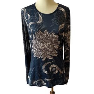 YMX YELLOWMAN TOP TATTOO LONG SLEEVE LOTUS FLOWER FITTED STRETCHY LIGHTWEIGHT M